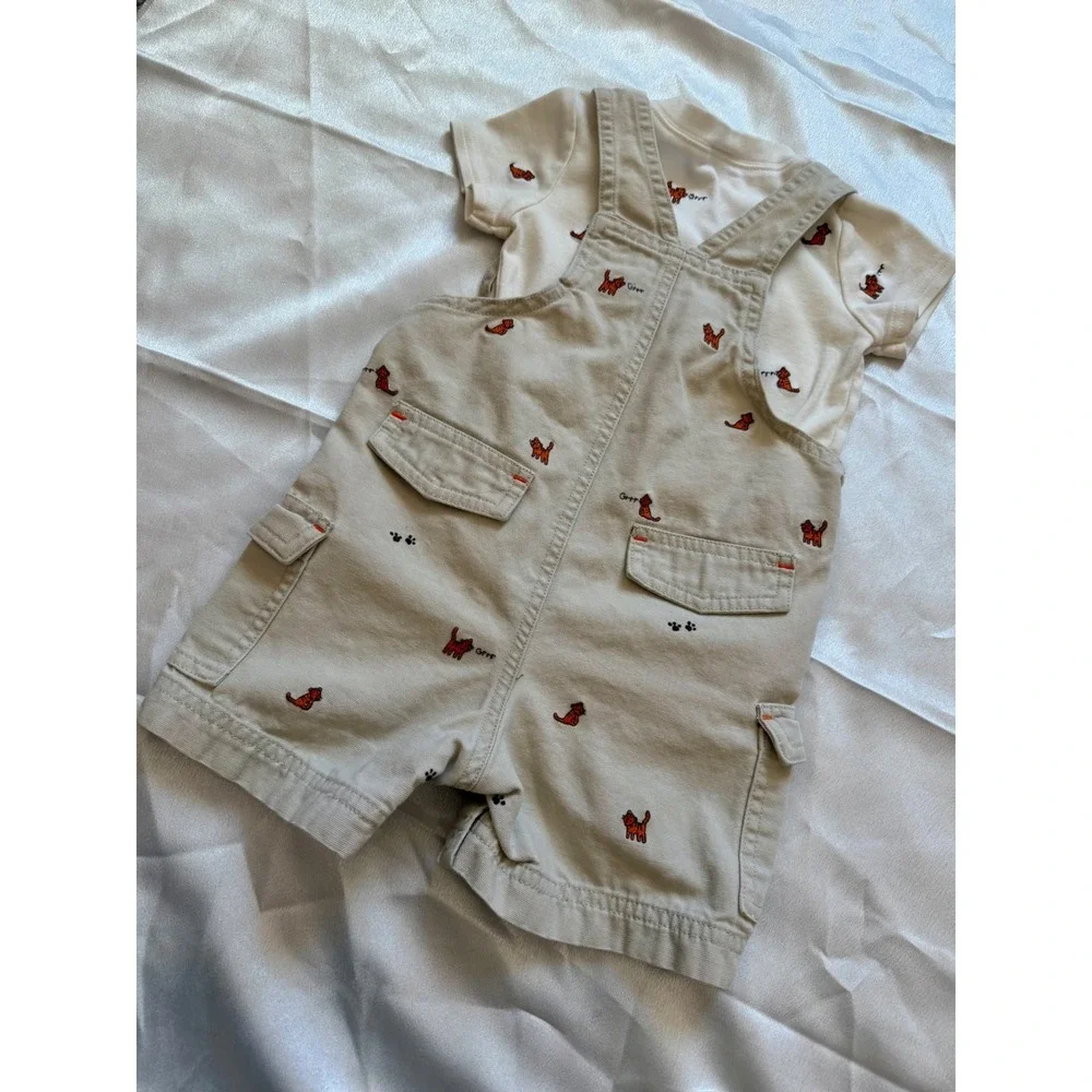 VTG Gymboree Baby Boy 2pc Set Khaki Tiger Embroidered Cargo Overalls Shirt 6-12M